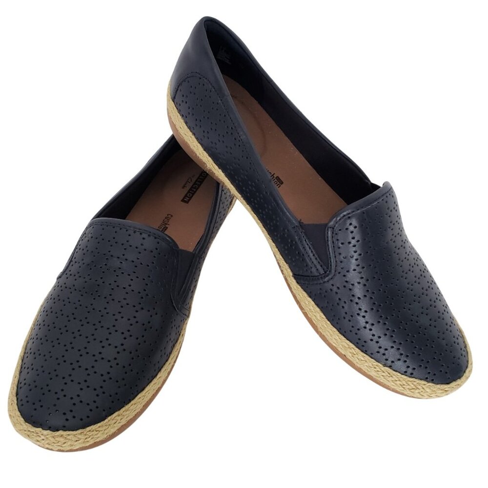 Clarks Women Soft Cushion Collection Navy Slip-On 9.5 Perforated Leather Upper